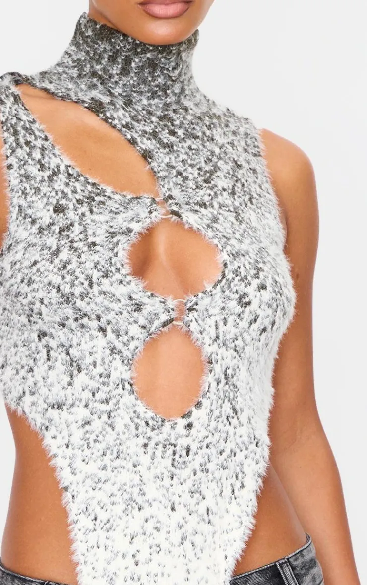 Best PrettyLittleThing Soft Marl Knit O Ring High Neck Crop Top Cream