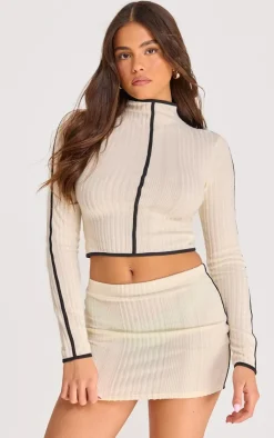 Hot PrettyLittleThing Soft Rib Contrast Binding Mini Skirt Cream