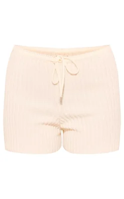 PrettyLittleThing Soft Rib Knit Tie Waist Mini Shorts Cream