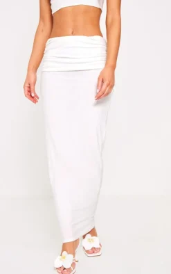 Discount PrettyLittleThing Soft Touch Asymmetric Fold Over Ruched Maxi Skirt Cream