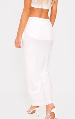 Discount PrettyLittleThing Soft Touch Asymmetric Fold Over Ruched Maxi Skirt Cream