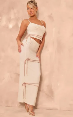 Sale PrettyLittleThing Soft Touch Mid Rise Contrast Bow Maxi Skirt Cream
