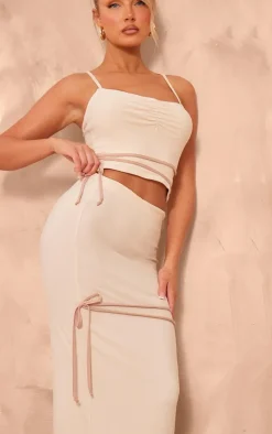 Sale PrettyLittleThing Soft Touch Mid Rise Contrast Bow Maxi Skirt Cream