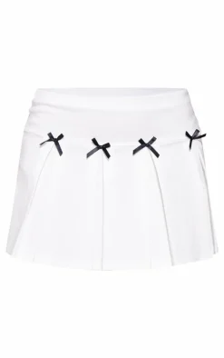 Cream Stretch Woven Bow Trim Box Pleat Mini Skirt