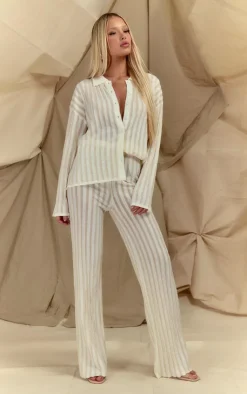 PrettyLittleThing Stripe Sheer Knit Wide Leg Pants Cream