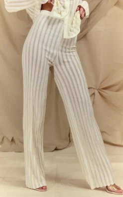 PrettyLittleThing Stripe Sheer Knit Wide Leg Pants Cream