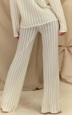 PrettyLittleThing Stripe Sheer Knit Wide Leg Pants Cream