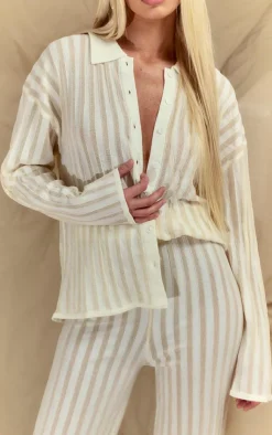 PrettyLittleThing Stripe Sheer Knit Wide Leg Pants Cream