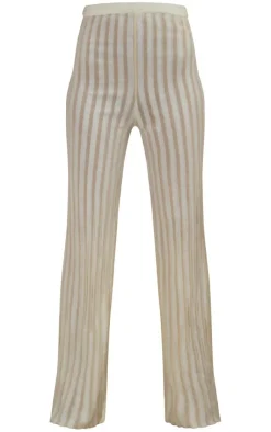PrettyLittleThing Stripe Sheer Knit Wide Leg Pants Cream