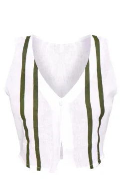 Hot PrettyLittleThing Striped Linen Look Button Front Vest Cream