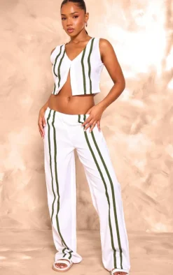 Discount PrettyLittleThing Striped Linen Look Wide Leg Pants Cream