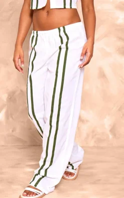 Discount PrettyLittleThing Striped Linen Look Wide Leg Pants Cream
