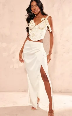 Cream Structured Satin V Front Ruched Split Front Maxi Skirt