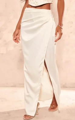 Cream Structured Satin V Front Ruched Split Front Maxi Skirt