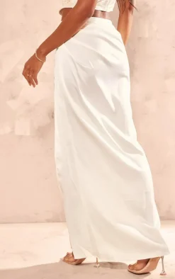 Cream Structured Satin V Front Ruched Split Front Maxi Skirt