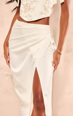 Cream Structured Satin V Front Ruched Split Front Maxi Skirt
