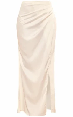 Cream Structured Satin V Front Ruched Split Front Maxi Skirt