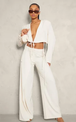 Discount PrettyLittleThing Tailored Pleated Tie Front Wide Leg Pants Cream