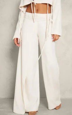 Discount PrettyLittleThing Tailored Pleated Tie Front Wide Leg Pants Cream