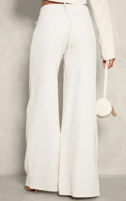 Discount PrettyLittleThing Tailored Pleated Tie Front Wide Leg Pants Cream