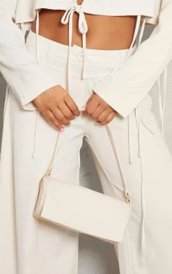 Discount PrettyLittleThing Tailored Pleated Tie Front Wide Leg Pants Cream