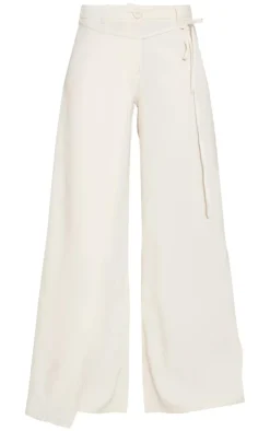 Discount PrettyLittleThing Tailored Pleated Tie Front Wide Leg Pants Cream