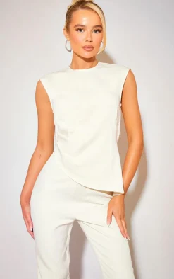 New PrettyLittleThing Tailored Side Ruched Asymmetric Hem Longline Top Cream