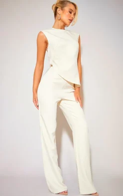 New PrettyLittleThing Tailored Side Ruched Asymmetric Hem Longline Top Cream