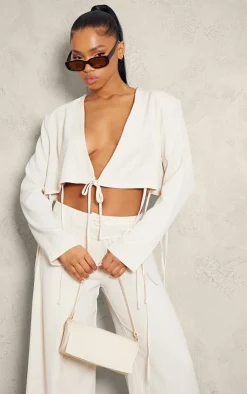 Hot PrettyLittleThing Tailored Tie Front Cropped Blazer Cream