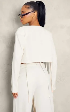 Hot PrettyLittleThing Tailored Tie Front Cropped Blazer Cream