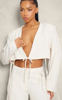 Hot PrettyLittleThing Tailored Tie Front Cropped Blazer Cream