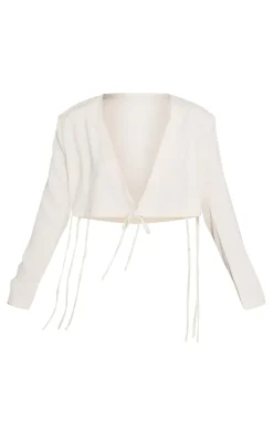Hot PrettyLittleThing Tailored Tie Front Cropped Blazer Cream