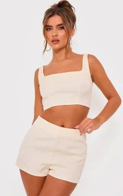 Online PrettyLittleThing Tailored Woven High Waisted Shorts Cream