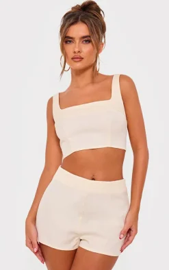 Best PrettyLittleThing Tailored Woven Seam Detail Straight Neck Crop Top Cream