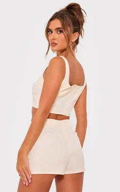 Best PrettyLittleThing Tailored Woven Seam Detail Straight Neck Crop Top Cream