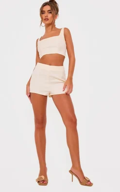 Best PrettyLittleThing Tailored Woven Seam Detail Straight Neck Crop Top Cream