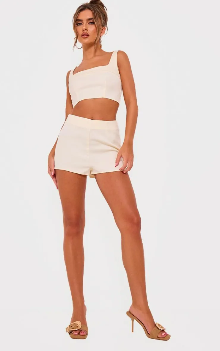 Best PrettyLittleThing Tailored Woven Seam Detail Straight Neck Crop Top Cream