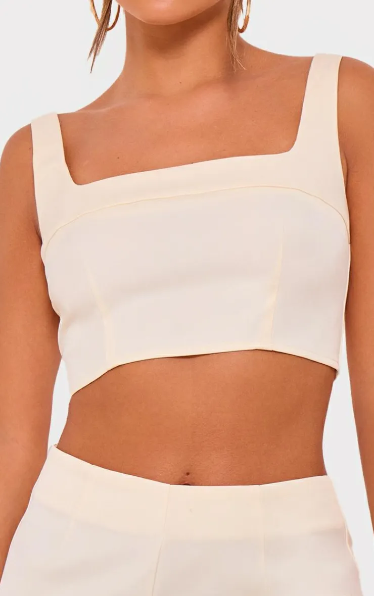 Best PrettyLittleThing Tailored Woven Seam Detail Straight Neck Crop Top Cream