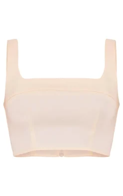 Best PrettyLittleThing Tailored Woven Seam Detail Straight Neck Crop Top Cream
