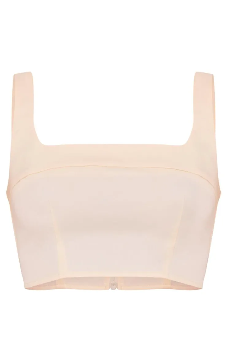Best PrettyLittleThing Tailored Woven Seam Detail Straight Neck Crop Top Cream