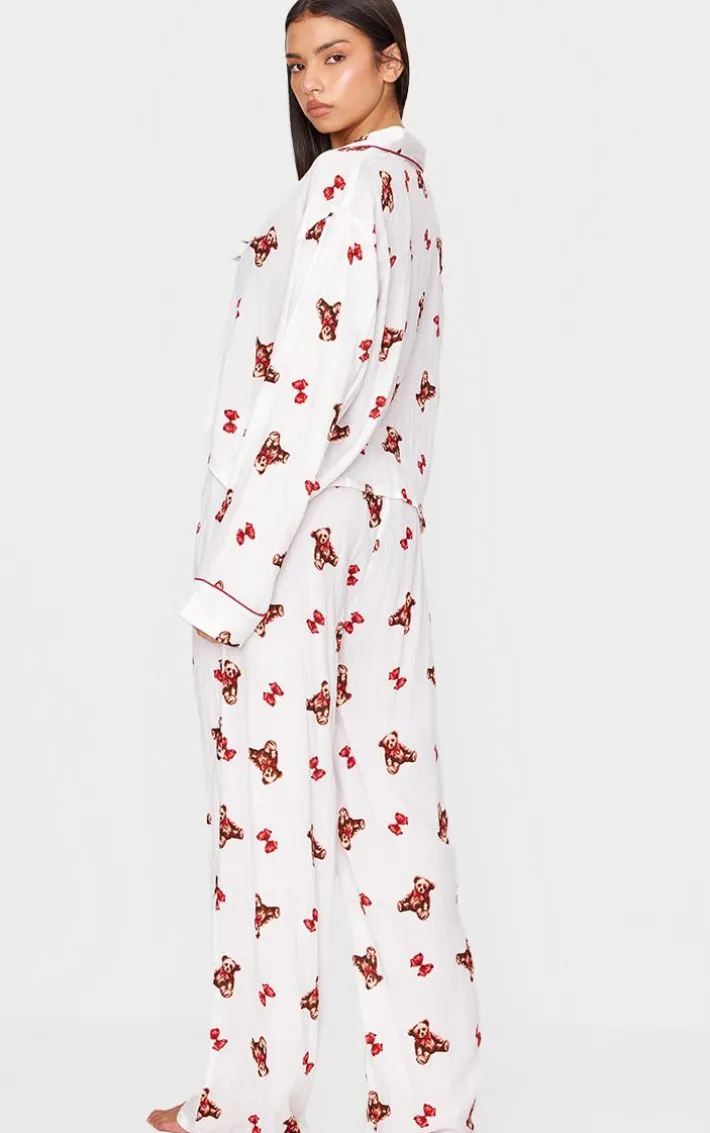 Cream Teddy Print Crinkle Long Pj Set
