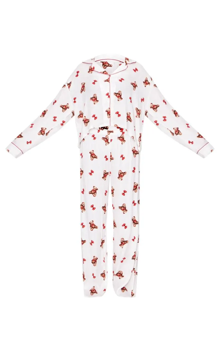 Cream Teddy Print Crinkle Long Pj Set