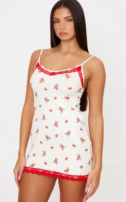 PrettyLittleThing Christmas Pajamas*Teddy Print Lace Trim Cami Nightie
