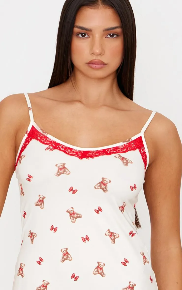 PrettyLittleThing Christmas Pajamas*Teddy Print Lace Trim Cami Nightie