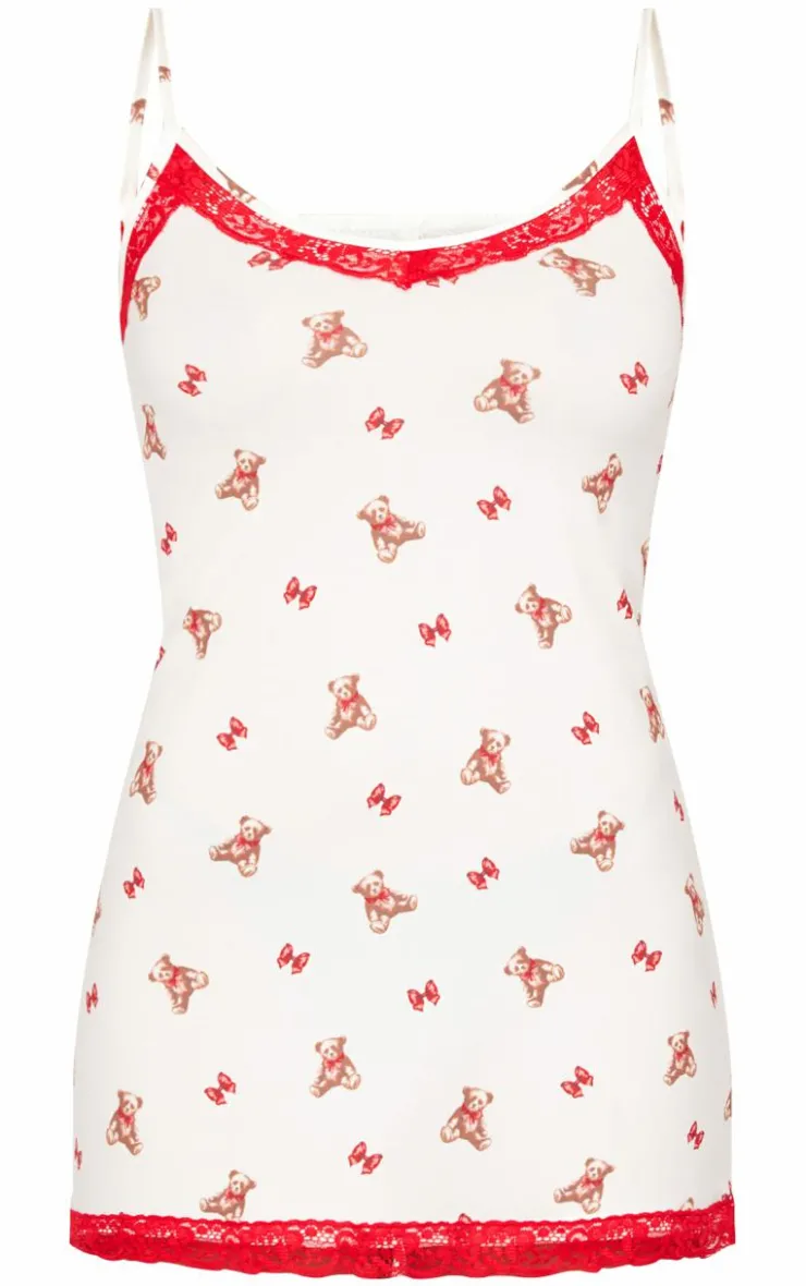 PrettyLittleThing Christmas Pajamas*Teddy Print Lace Trim Cami Nightie