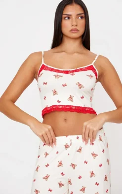 PrettyLittleThing Christmas Gifts*Teddy Print Lace Trim Cami Long Pj Set