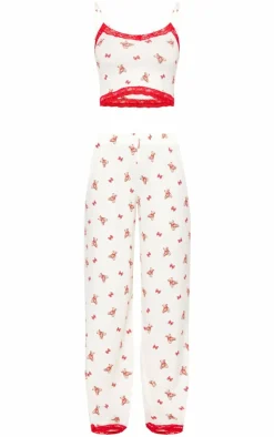 PrettyLittleThing Christmas Gifts*Teddy Print Lace Trim Cami Long Pj Set