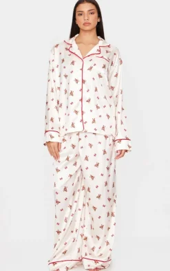 PrettyLittleThing Christmas Gifts*Teddy Print Satin Long Pj Set