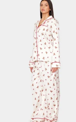PrettyLittleThing Christmas Gifts*Teddy Print Satin Long Pj Set