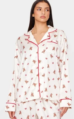 PrettyLittleThing Christmas Gifts*Teddy Print Satin Long Pj Set